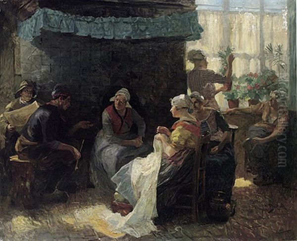 Interieur Einer Hollandischen Stube. Ein Fischer Erzahlt Geschichten Im Kreise Junger Frauen Oil Painting by Carl Duxa