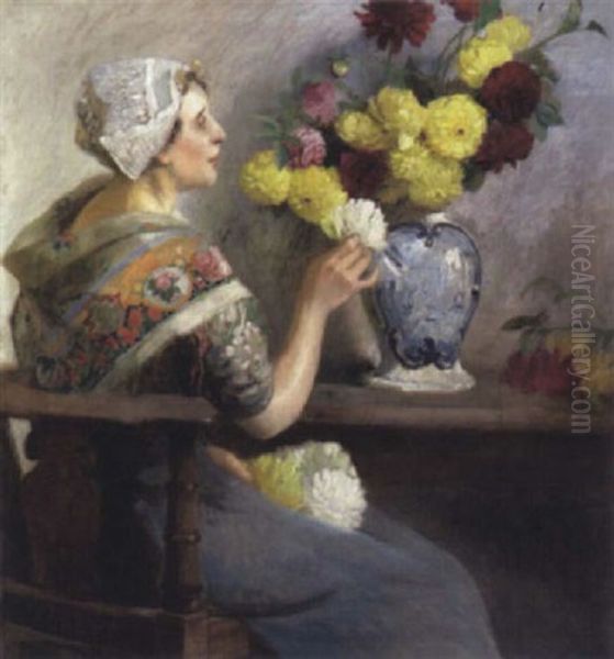 Hollandisches Madchen Beim Blumen Arrangieren Oil Painting by Carl Duxa