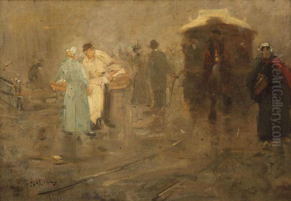 A Cityscape With Figures And A Horse-drawn Tram Oil Painting by Floris Arntzenius