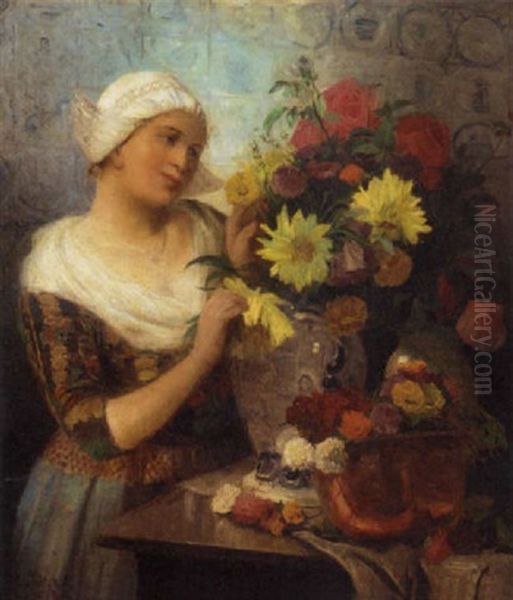 Arranging The Vase Of Flowers Oil Painting by Carl Duxa