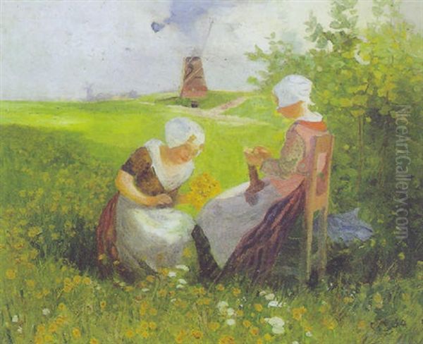 Hollandische Madchen Auf Der Blumenwiese Oil Painting by Carl Duxa