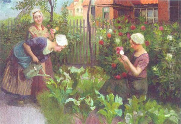 Three Girls In A Garden Oil Painting by Carl Duxa