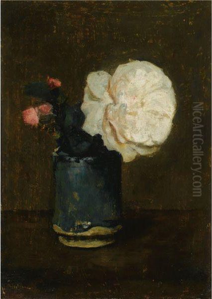 A Still Life With Roses In A Green Vase Oil Painting by Floris Arntzenius