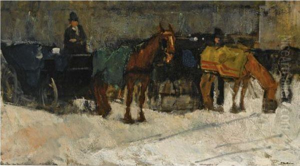 Horses And Carriages In The Snow Oil Painting by Floris Arntzenius