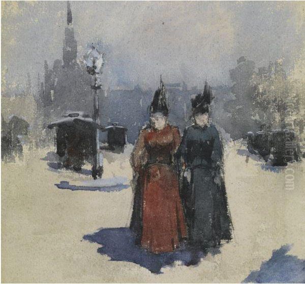 Two Elegant Ladies In The Streets Of The Hague Oil Painting by Floris Arntzenius