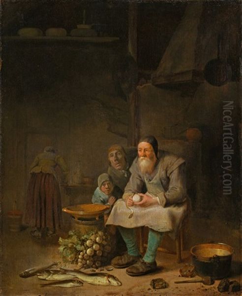 Old Man Peeling Radishes In A Kitchen Oil Painting by Pieter Jacobsz Duyfhuysen