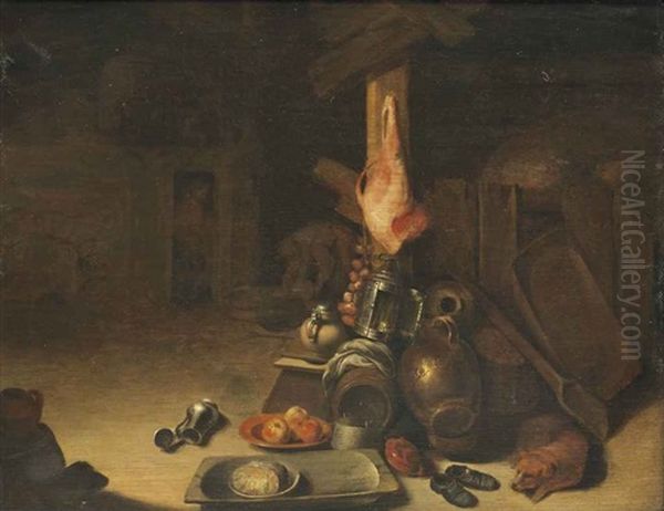 A Barn Interior With A Dog Sleeping Beside Cooking Vessels, A Pair Of Shoes, With A Ham Hanging, Peasants Beyond Oil Painting by Pieter Jacobsz Duyfhuysen