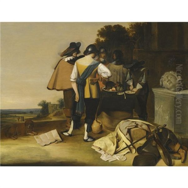 A Group Of Soldiers Resting Beside Classical Remains In A Landscape Oil Painting by Pieter Jacobsz Duyfhuysen