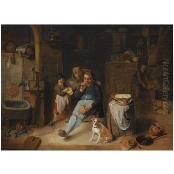 A Barn Interior With A Peasant Seated Holding A Jug, A Young Boy Holding A Rumbling-pot, Other Figures, And A Dog Next To Kitchen Utensils In The Foreground Oil Painting by Pieter Jacobsz Duyfhuysen