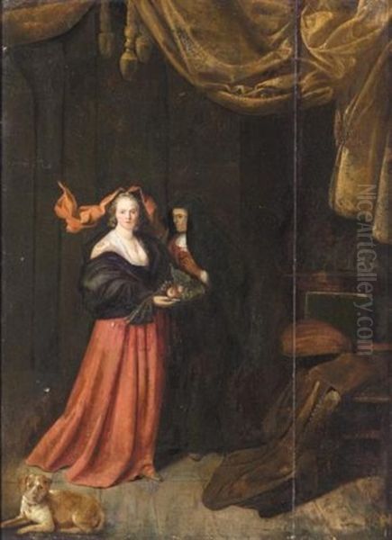 An Interior With A Young Lady Holding A Plate Of Fruit Together With An Elderly Lady And A Dog Resting In The Foreground Oil Painting by Pieter Jacobsz Duyfhuysen