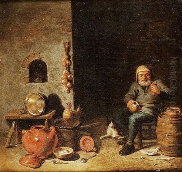 A Toper In A Kitchen Interior Oil Painting by Pieter Jacobsz Duyfhuysen