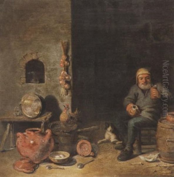 Interieur Mit Einem Trinkenden Bauern Und Steinguttopfen Oil Painting by Pieter Jacobsz Duyfhuysen