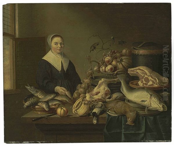 A Kitchen Interior With A Maid Oil Painting by Isaac Van Duynen