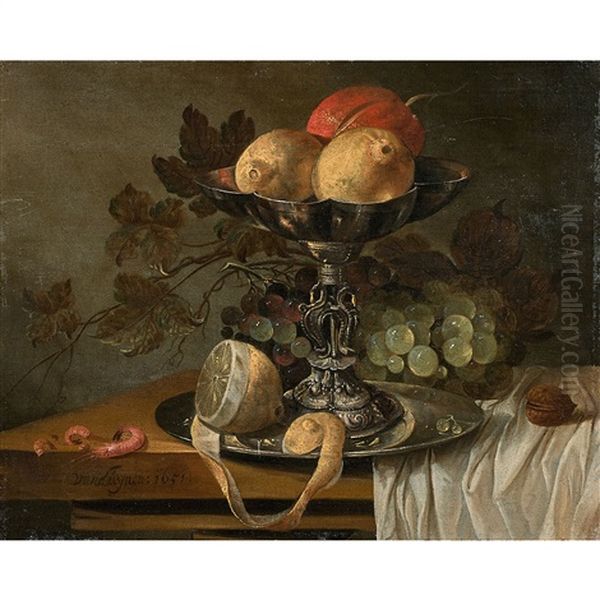 Nature Morte A La Tazza, Au Citron Et Aux Crevettes Sur Un Entablement Oil Painting by Isaac Van Duynen