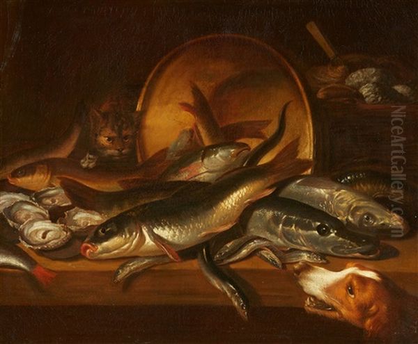 Still Life With Fish, A Dog, And A Cat Oil Painting by Isaac Van Duynen