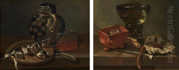 Nature Morte Au Verre Rohmer Et Tabagie Et Nature Morte Au Hareng Et Au Couteau (pair) Oil Painting by Isaac Van Duynen