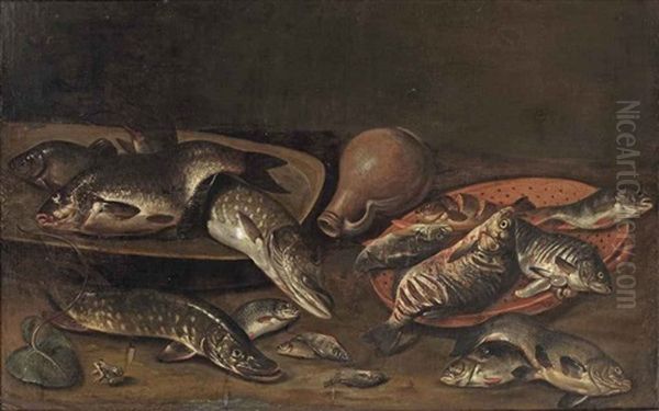 Various Fish On Platters, An Earthenware Jug, And A Small Frog In The Left Foreground Oil Painting by Isaac Van Duynen