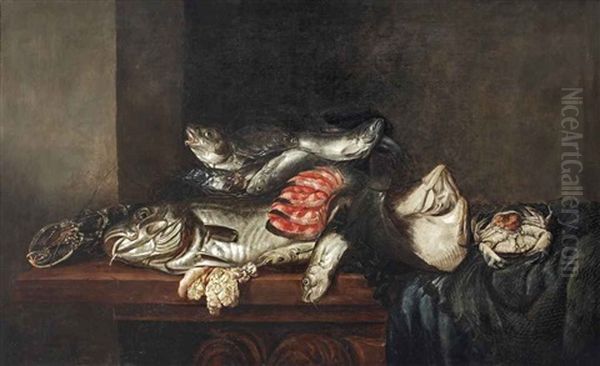 A Lobster, Cod, Flatfish, Salmon, Crab, Mussels And Other Fish In A Wicker Basket With A Fish Net On A Partially Draped Table Oil Painting by Isaac Van Duynen