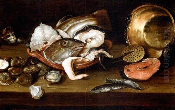 Fish, Oysters, A Copper Pot And Strainer On A Table With A Cat Oil Painting by Isaac Van Duynen