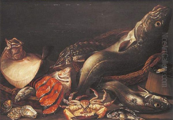 Nature Morte De Poissons Et Crustaces Avec Crabe Et Esturgeons Oil Painting by Isaac Van Duynen