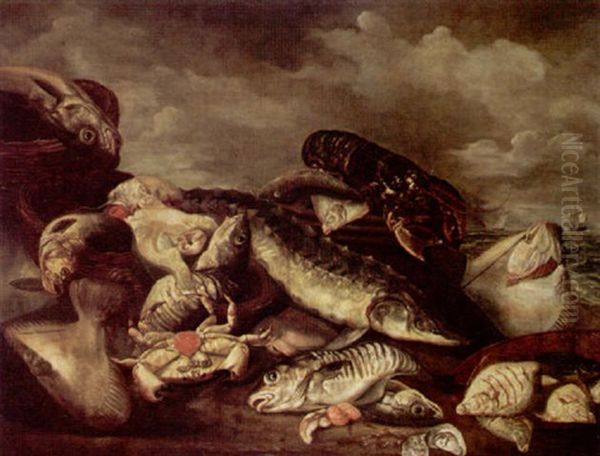 Still Life Of Saltwater Fish In Baskets, Together With A Crab, Oysters And Lobster On A Seashore by Isaac Van Duynen