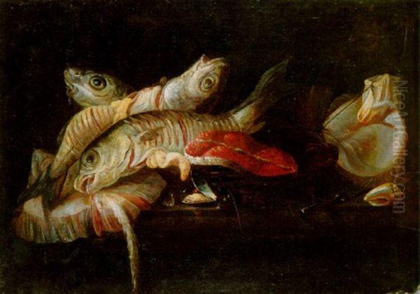 A Skate, Salmon Steak, Mussels And Other Fish On A Ledge Oil Painting by Isaac Van Duynen