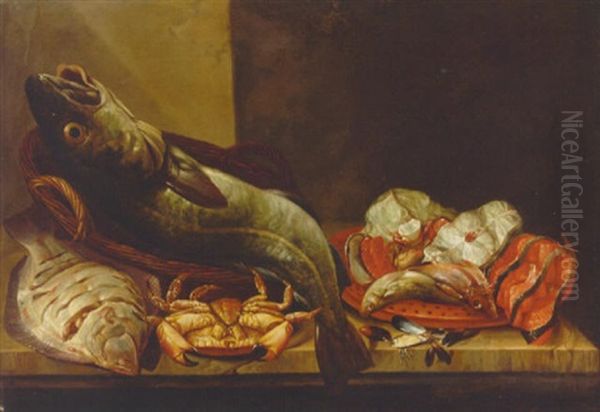 Still Life Of Plaice, A Cod, Crab, Mussels, A Gurnard And Fish Steaks On A Ledge Oil Painting by Isaac Van Duynen