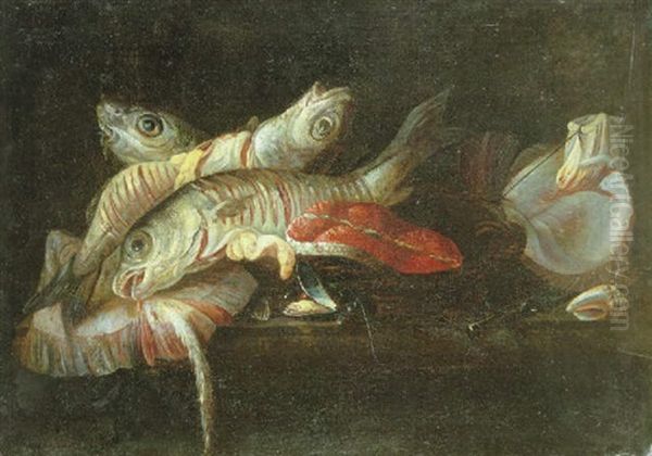 Still Life Of Fish Beside A Mussel, A Shell And A Knife On A Marble Ledge Oil Painting by Isaac Van Duynen