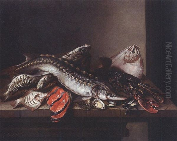 Sturgeon, Lobster, Turbot, Salmon, Oysters, Plaice And Haddock On A Stone Ledge Oil Painting by Isaac Van Duynen