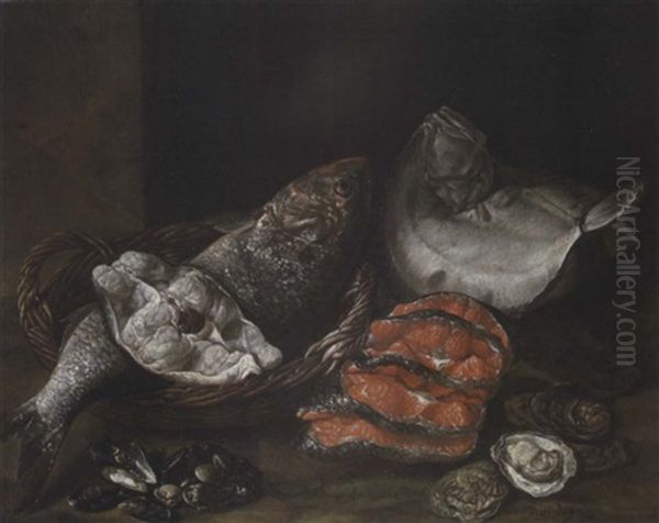 Salmon, Skate, Oysters And Mussels, On A Stone Ledge Oil Painting by Isaac Van Duynen