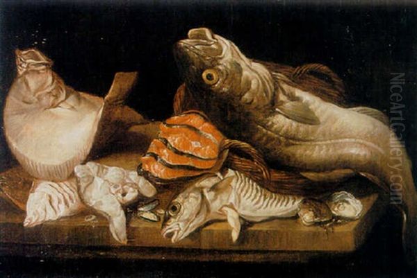 A Still Life Of Plaice, Salmon, Oysters And Other Fish, All On A Ledge Oil Painting by Isaac Van Duynen