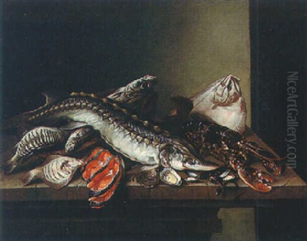 Still Life Of A Lobster, Salmon, Oysters, Mussels And Other Fish On A Tabletop Oil Painting by Isaac Van Duynen