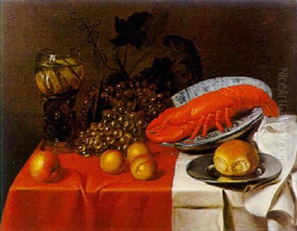 Frutti, U Pane, Un'aragosta, Uve E Un Romer Su Un Tavolo Copertoda Un Drappo Rosso E Bianco Oil Painting by Isaac Van Duynen