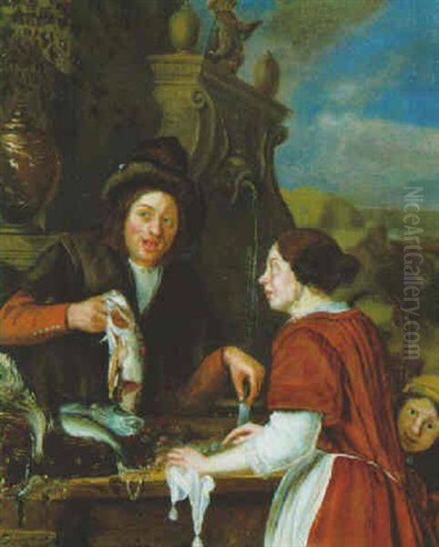 Junge Frau Mit Ihrem Sohn Beim Fischverkaeufer Oil Painting by Isaac Van Duynen