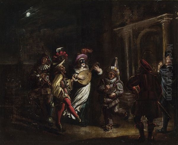 A Theatrical Musical Company Wearing Masks Performing Their Act For Spectators Oil Painting by Willem Cornelisz Duyster