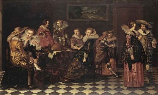 An Elegant Company Making Merry In An Interior With Music Books And A Lute Lying On A Table Oil Painting by Willem Cornelisz Duyster