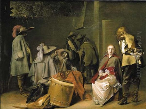 Soldiers Dividing Booty In A Barn With A Captive Couple Oil Painting by Willem Cornelisz Duyster