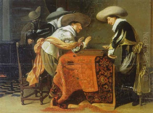 Soldiers Playing Backgammon At A Table With An Oriental Rug Oil Painting by Willem Cornelisz Duyster