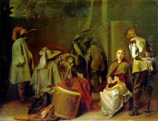 Soldiers Dividing Booty In A Barn With A Captive Elegant Couple Oil Painting by Willem Cornelisz Duyster