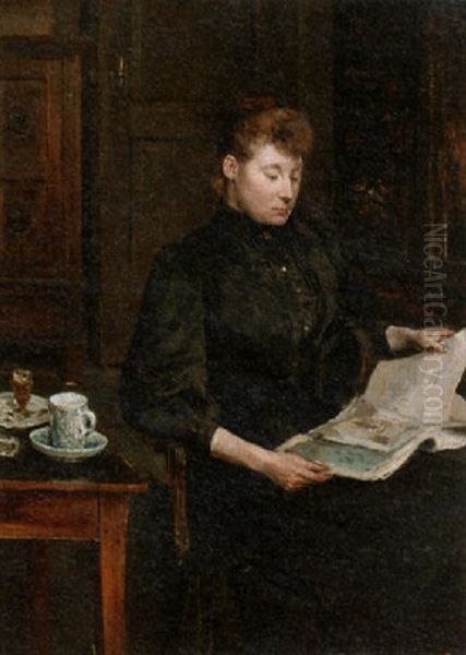 A Woman Reading Oil Painting by Gustave Den Duyts