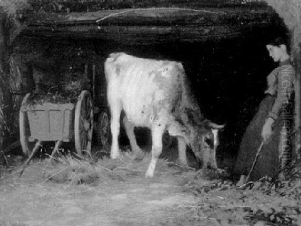 A Quiet Moment: Barn Interior With Young Woman And Cow by Alberic-Victor Duyver