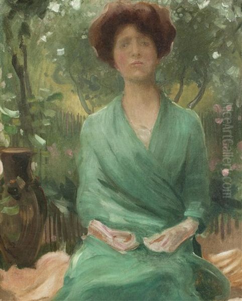 Lady In A Green Dress Oil Painting by Frantisek Dvorak