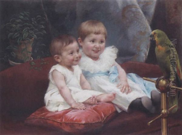 Children With A Parrot Oil Painting by Frantisek Dvorak