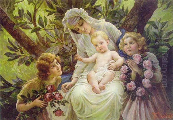 A Floral Tribute To A Mother And Child Oil Painting by Frantisek Dvorak