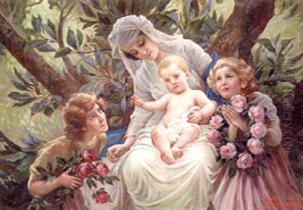 A Floral Tribute To A Mother And Child Oil Painting by Frantisek Dvorak