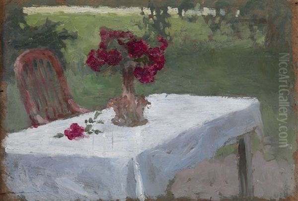 Flowers On The Garden Table (recot) Forest Path (verso) Oil Painting by Tit Yakovlevich (Yakovich) Dvornikov