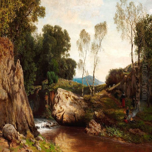 Children At A Stream In The Mountains Oil Painting by Albert Arnz