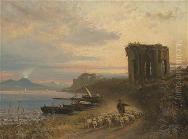 Italian Coastal Scenery With A Shepherd And His Sheep Oil Painting by Albert Arnz