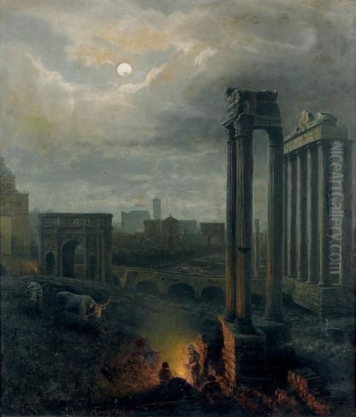 Feu De Camp Au Pied Des Colonnes Du Temple De Saturne Et Celles Du Temple De Vespasien Et De Titus Dans Le Forum Romain Oil Painting by Albert Arnz