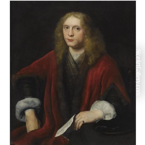 Portrait Of A Gentleman, Probably Johannes Van Zell, Seated, Wearing A Gold Embroidered Waistcoat And A Crimson Fur-trimmed Coat, Holding A Letter Oil Painting by Abraham Van Dyck